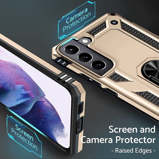 Anti-Shock Hybrid Ring Armor Hoesje Geschikt voor: Samsung Galaxy S22 - goud
