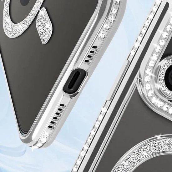 iPhone 13 Pro Hoesjes – MagSafe Glitter Backcover – Strass Diamantjes – Glamour – Zilver-Ilumina Benelux