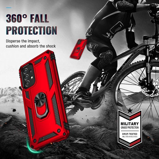 Samsung Galaxy A73 5G Hoesjes – Anti-Shock Hybride Ring Armor Backcover – Schokbestendig – Rood-Ilumina Benelux