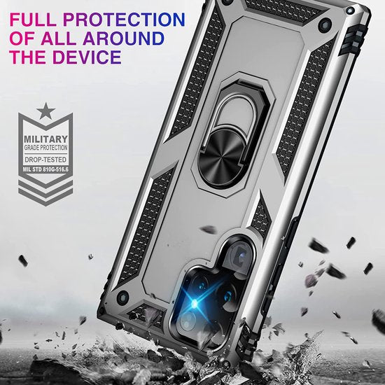 Samsung Galaxy S22 Ultra Hoesjes – Ring Armor Backcover – 360° Draaibare Standaard – Magneet – Zilver-Ilumina Benelux