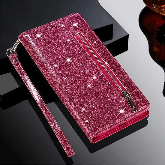 Oppo A73 Hoesjes – Glitter Portemonnee Hoes – Rits & Koord – Pasjeshouder – Roze-Ilumina Benelux