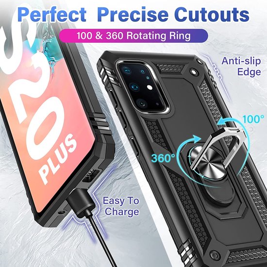 Samsung Galaxy S20 Plus Hoesjes – Ring Armor Backcover – 360° Draaibare Standaard – Magneet – Zwart-Ilumina Benelux
