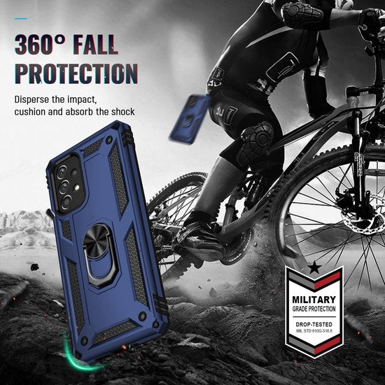 Samsung Galaxy A73 5G Hoesjes – Anti-Shock Hybride Backcover – Ringhouder – Armor Bescherming – Blauw-Ilumina Benelux