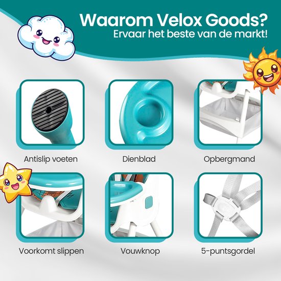 Kinderstoel – Velox Goods VL-509 – Verstelbaar & Opvouwbaar – Veiligheidsgordel + Opbergmand – Speels Design-Kinderstoel-Ilumina Benelux