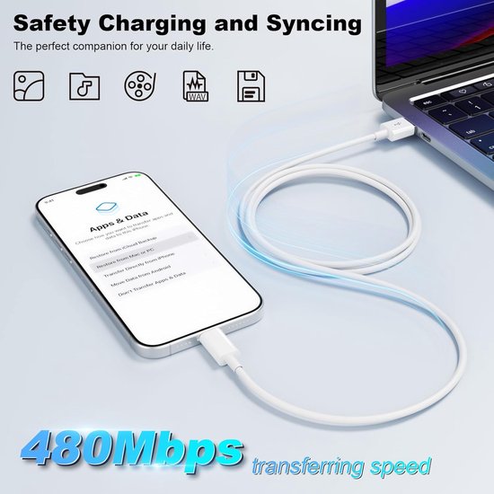 Lightning Oplaadkabel – Geschikt voor iPhone & iPad – USB-A – 3 Meter – 5 Stuks – Wit-USB-Kabels-Ilumina Benelux