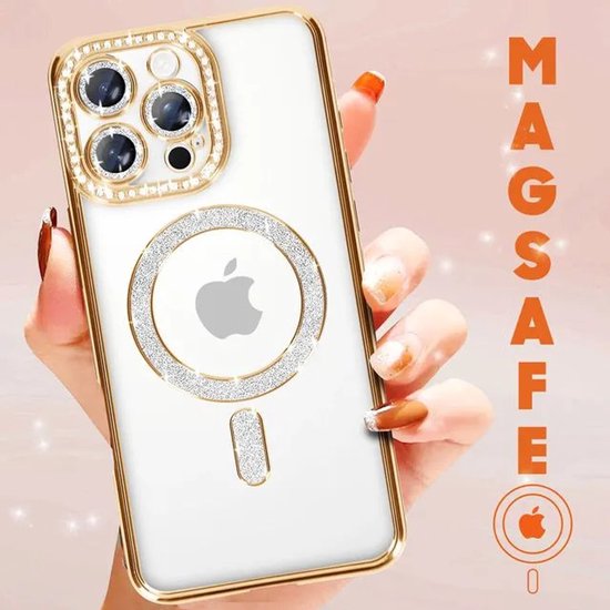 iPhone 16 Pro Max Hoesjes – MagSafe Glitter Backcover – Diamantjes – Glamour – Goud-Ilumina Benelux