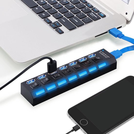 USB 3.0 Hub – 7 Poorts Splitter – 5Gbps – Aan/Uit Schakelaar – Blauw LED – Zwart-Ilumina Benelux