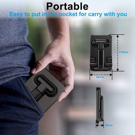 Telefoonhouder bureau – Verstelbare tafelstandaard – Opvouwbaar – Voor smartphone, iPad Mini & Kindle – Zwart
