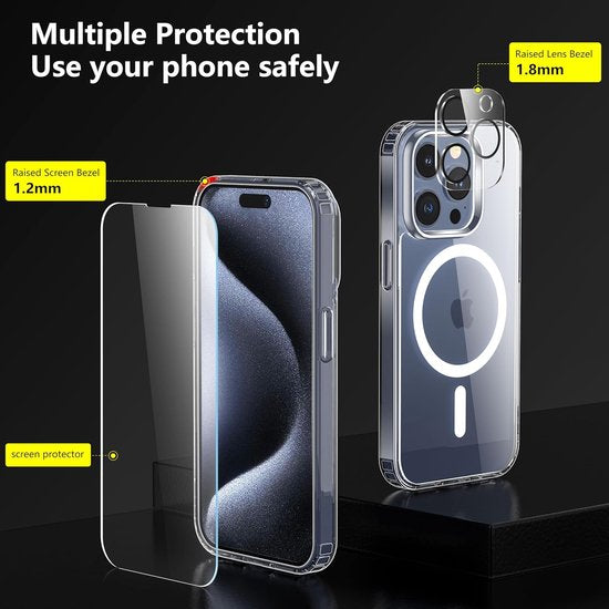 iPhone 15 Pro Hoesjes – Magnetische Transparante Backcover – MagSafe Compatibel – 2x Screenprotector + Camera Lens Protector – Doorzichtig-Ilumina Benelux