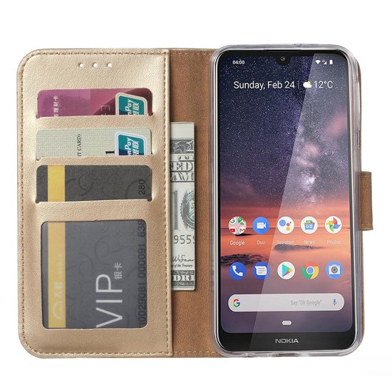 Nokia 3.2 Hoesjes – Portemonnee Hoes – Magneetsluiting – Pasjeshouder – Goud + 2x Screenprotector-Ilumina Benelux