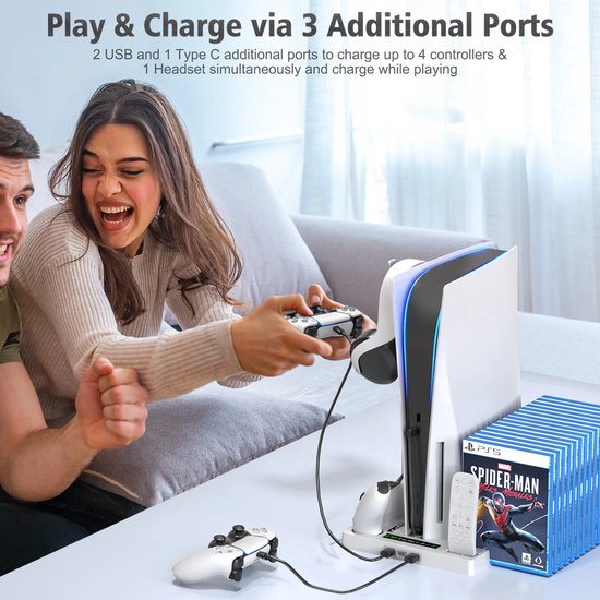 PS5 opbergstation – Verticale standaard met actieve koeling – DualSense oplader – Headsethouder & gamehouder 15 discs-Oplaadstation controllers-Ilumina Benelux