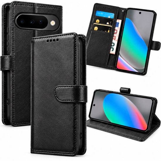 Bookcase Hoesje Geschikt voor Google Pixel 10 Pro - Luxe PU Kalfsleer Telefoonhoes- Portemonnee Hoesje met Kaartvakken, Contant Geldvak, Magneetsluiting & Standaardfunctie - Zwart