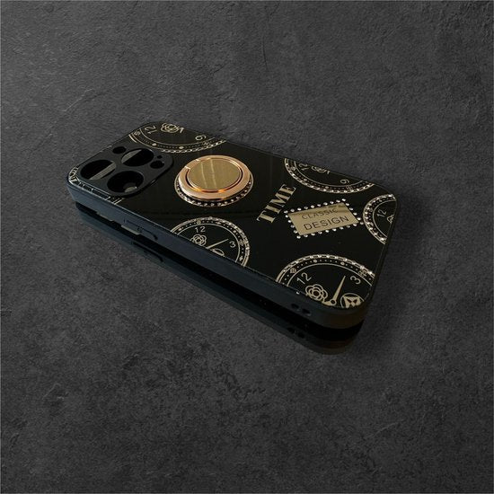 iPhone 14 Pro Hoesjes – Ringhouder Backcover – Klokontwerp met Steentjes – Zwart-Ilumina Benelux