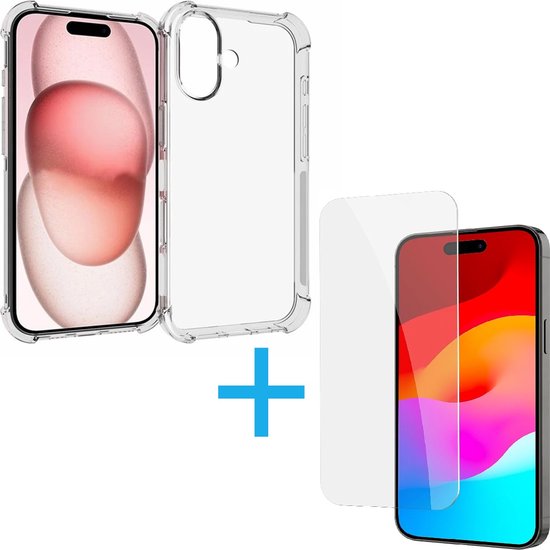 iPhone 16 Hoesjes – Siliconen Backcover – Schokbestendig – Transparant + 2x Screenprotector Gehard Glas – Anti-kras – Transparant-Ilumina Benelux