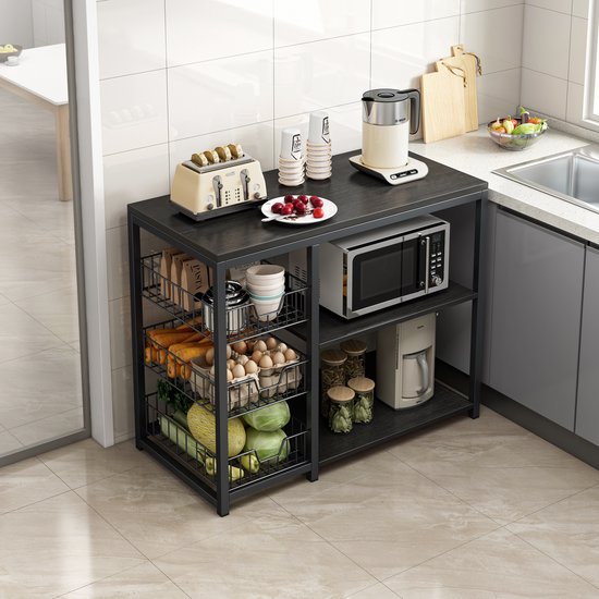 Keukeneiland – Staand keukenrek 3 planken & werkblad – Magnetronkast – Organizer voor groente, fruit & apparaten – Zwart-Keukenmeubelset-Ilumina Benelux