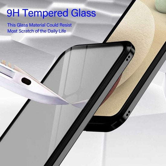 Samsung Galaxy A22 5G Hoesjes – Magnetisch Metalen Frame – Gehard Glas Achterkant – Screenprotector – 360° Bescherming – Zwart-Ilumina Benelux