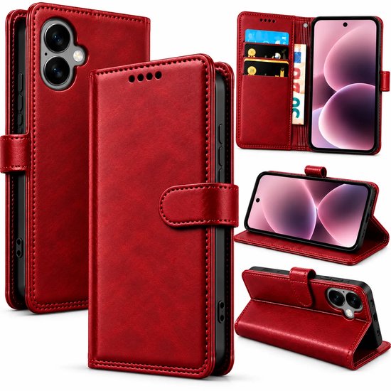Bookcase Hoesje Geschikt voor iphone 17 - Luxe PU Kalfsleer Telefoonhoes- Portemonnee Hoesje met Kaartvakken, Contant Geldvak, Magneetsluiting & Standaardfunctie - Rood