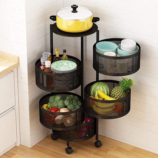 Keuken opbergrek – 5-laags draaibare fruit- en groentemand – Met wielen – Metalen opslagmand 180° – Zwart-Kast-Ilumina Benelux
