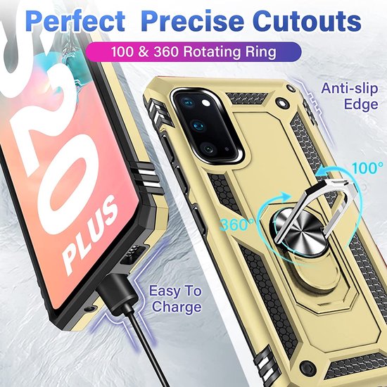 Samsung Galaxy S20 Plus Hoesjes – Ring Armor Backcover – 360° Draaibare Standaard – Magneet – Goud-Ilumina Benelux