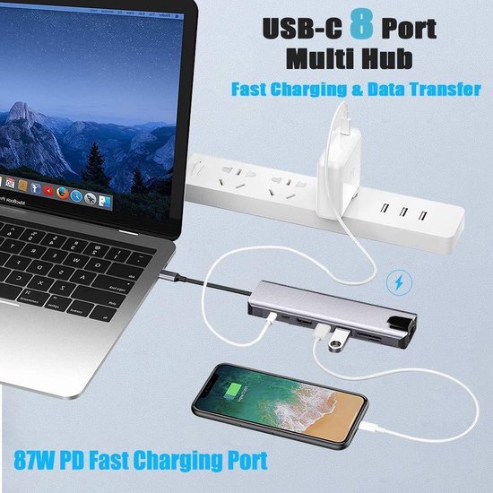 USB-C Hub – 8-in-1 CNC Aluminium Adapter – 4K HDMI, RJ45 Ethernet, USB 3.0, USB-C PD, SD/TF – Zilver-Ilumina Benelux