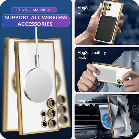 Samsung Galaxy S24 Ultra Hoesjes – Magnetische Siliconen Backcover – Camera Lens Protector – Transparant Goud-Ilumina Benelux