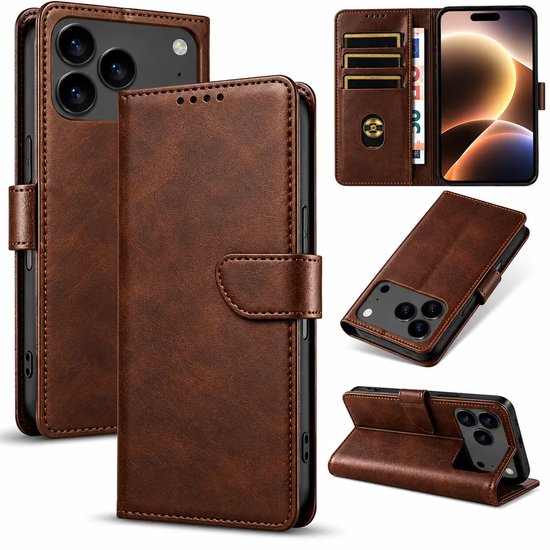 Bookcase Hoesje Geschikt voor iphone 17 Pro - Luxe PU Kalfsleer Telefoonhoes- Portemonnee Hoesje met Kaartvakken, Contant Geldvak, Magneetsluiting & Standaardfunctie - Bruin