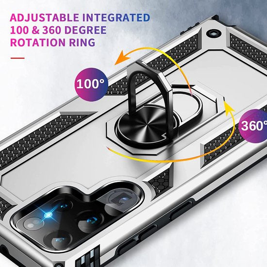 Samsung Galaxy S22 Ultra Hoesjes – Ring Armor Backcover – 360° Draaibare Standaard – Magneet – Zilver-Ilumina Benelux