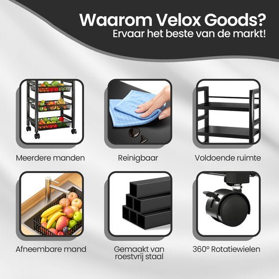 Keukenrek verrijdbaar – Velox Goods VL-518 – 5 lagen opbergrek – Metalen rek met gaasmanden – Zwart-Keukenmeubelset-Ilumina Benelux