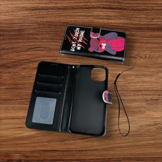 iPhone 14 Hoesjes – Portemonnee Book Case – Pasjeshouder – Don't Touch My Phone Print-Ilumina Benelux