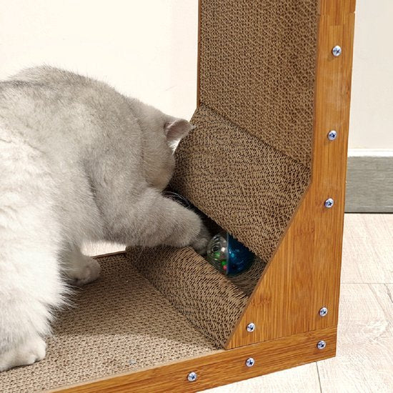 Katten Krabplank Krabpaal 25x40x60 cm – Krabwand van Karton met Speelballetjes – Anti-Kraboplossing – L-vormig Duurzaam Krabmeubel voor Katten – Bruin – Eenvoudig Monteerbaar