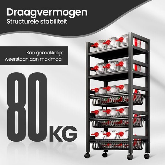 Keukenrek verrijdbaar – Velox Goods VL-518 – 5 lagen opbergrek – Metalen rek met gaasmanden – Zwart-Keukenmeubelset-Ilumina Benelux