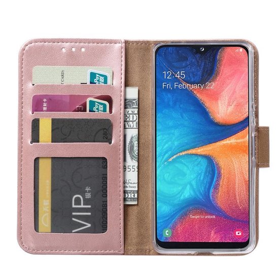 Samsung Galaxy A20E Hoesjes – Portemonnee Hoes – Magneetsluiting – 2x Gehard Glas Screenprotector – Roségoud-Ilumina Benelux