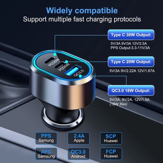 Autolader – Snellader sigarettenaansteker – USB-A + 2x USB-C – 50W – 12/24V-Oplader-Ilumina Benelux