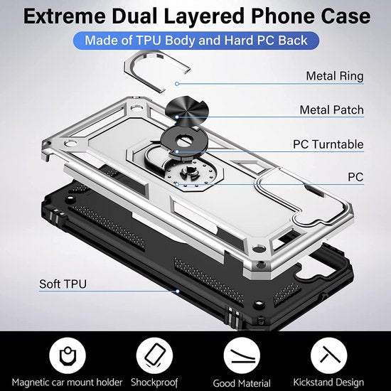 Samsung Galaxy S22 Hoesjes – Anti-Shock Hybride Ring Armor Backcover – Schokbestendig – Zilver-Ilumina Benelux