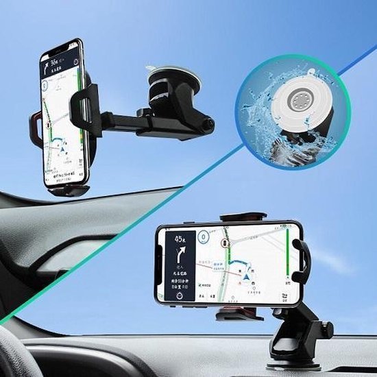 Telefoonhouder auto – Zuignap Dashboard/Voorruit – Verstelbare Arm – Sterke Grip – Zwart