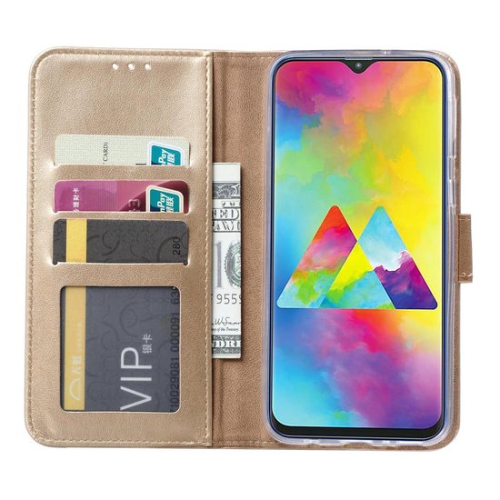 Samsung Galaxy M20 Hoesjes – Portemonnee Hoes – Pasjeshouder – Magneetsluiting – Goud-Ilumina Benelux