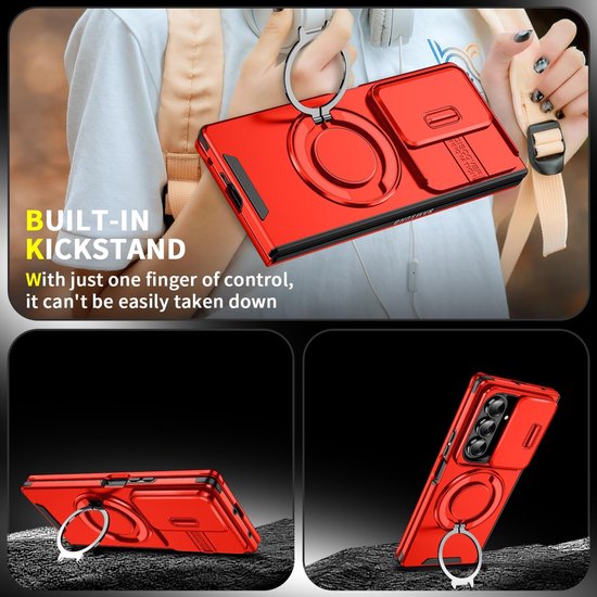 Samsung Galaxy Z Fold 7 Hoesjes – Armor Tough Hybrid Backcover – MagSafe Ringstandaard – Schokbestendig – Rood-Ilumina Benelux