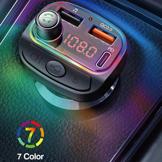 FM Transmitter Auto – Bluetooth 5.0 Carkit – MP3 Speler – Snelladen USB & USB-C – Handsfree – 7-Kleuren LED – Zwart-Ilumina Benelux