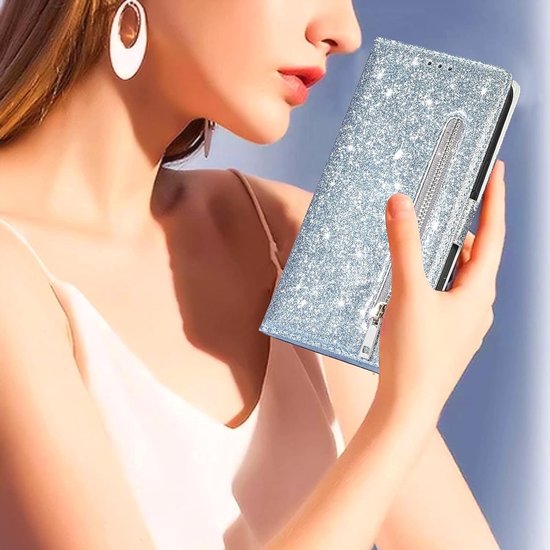 Samsung Galaxy S22 Ultra Hoesjes – Glitter Portemonnee Case – Rits – Koord – Pasjeshouder – Zilver-Ilumina Benelux