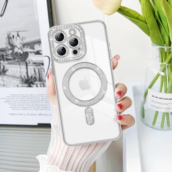 iPhone 16 Plus Hoesjes – MagSafe Magnetisch – Glitter Sparkle – Schokbestendig – Zilver-Ilumina Benelux