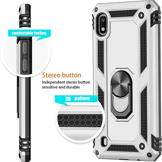 Samsung Galaxy A10 Hoesjes – Ring Armor Backcover – 360° Draaibare Standaard – Magneet – Zilver-Ilumina Benelux