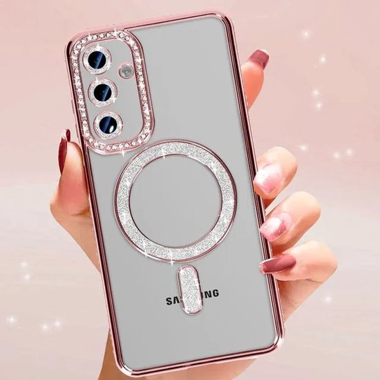 Samsung Galaxy A26 Hoesjes – MagSafe Glitter Backcover – Strass Diamantjes – Glamour – Roségoud-Ilumina Benelux
