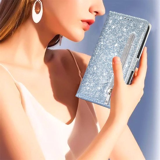 iPhone 13 Pro Max Hoesjes – Glitter Portemonnee Hoes – Rits & Koord – Zilver-Ilumina Benelux
