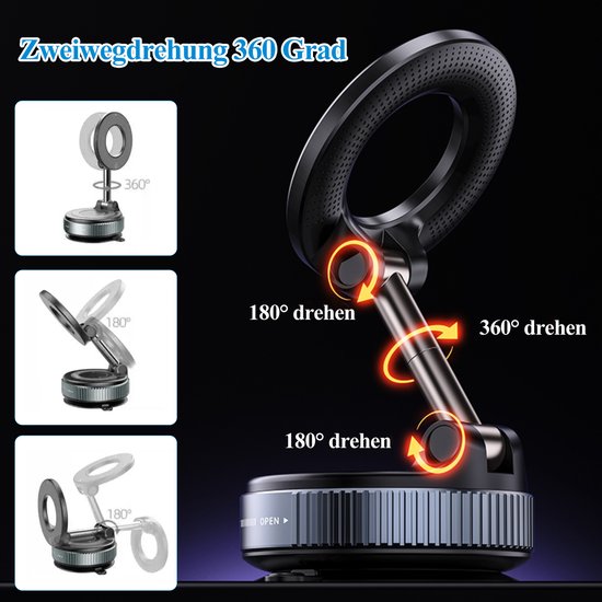 Telefoonhouder auto – Vacuüm magnetisch – 360° draaibaar – Dashboard montage – Zwart-Ilumina Benelux