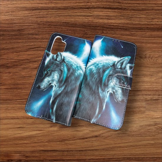 Samsung Galaxy A32 5G Hoesjes – Portemonnee Book Case – Pasjeshouder – Wolf Print-Ilumina Benelux