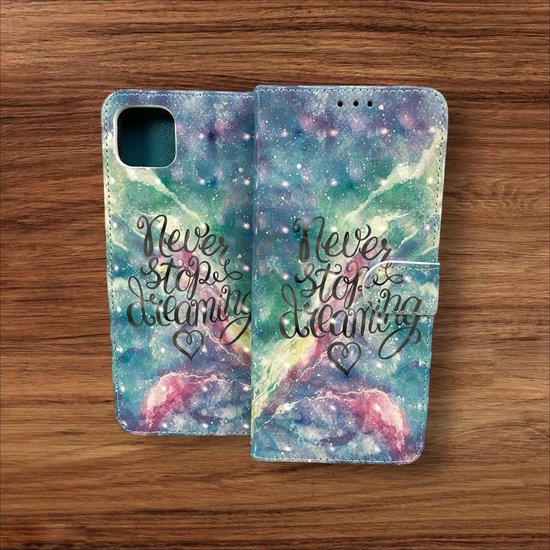 Samsung Galaxy A04 Hoesjes – Portemonnee Book Case – Pasjeshouder – Magneetsluiting – Never Stop Dreaming Print-Ilumina Benelux
