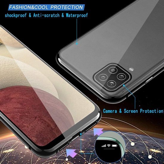 Samsung Galaxy A12 Hoesjes – Magnetische 360° Bescherming – Metalen Frame – Gehard Glas Achterkant-Ilumina Benelux