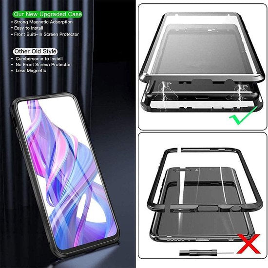 Samsung Galaxy A22 5G Hoesjes – Magnetisch Metalen Frame – Gehard Glas Achterkant – Screenprotector – 360° Bescherming – Zwart-Ilumina Benelux