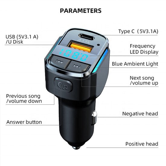 FM Transmitter auto – Bluetooth 5.0 Car Kit – Handsfree bellen – Type-C & USB-A snellader 3.1A – Zwart-Ilumina Benelux
