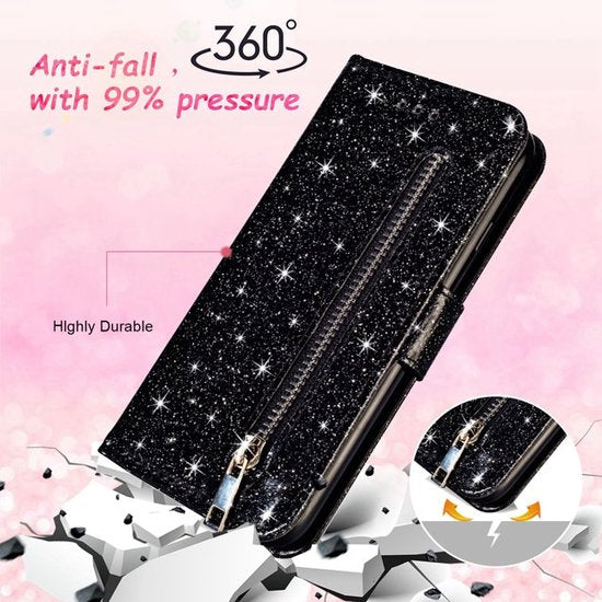 Samsung Galaxy A13 Hoesjes – Glitter Portemonnee Hoes – Rits & Koord – Pasjeshouder – Zwart-Ilumina Benelux